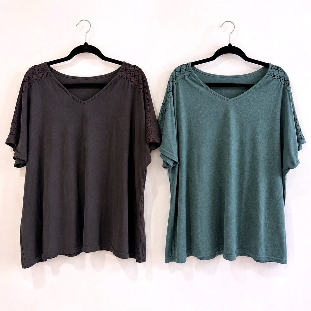 Set of 2 Crochet Lace Shoulder V-Neck Tops Charcoal & Teal Green Plus Size 3XL